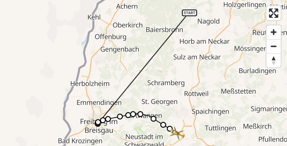 Flugroute Ambulanzhubschrauber Altensteig - Donaueschingen, 25 August 2026, 08:39