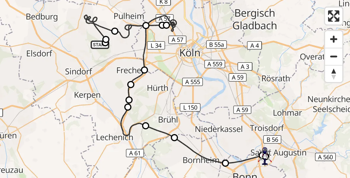 Flugroute Polizeihubschrauber Bergheim - Sankt Augustin, 25 August 2026, 08:39