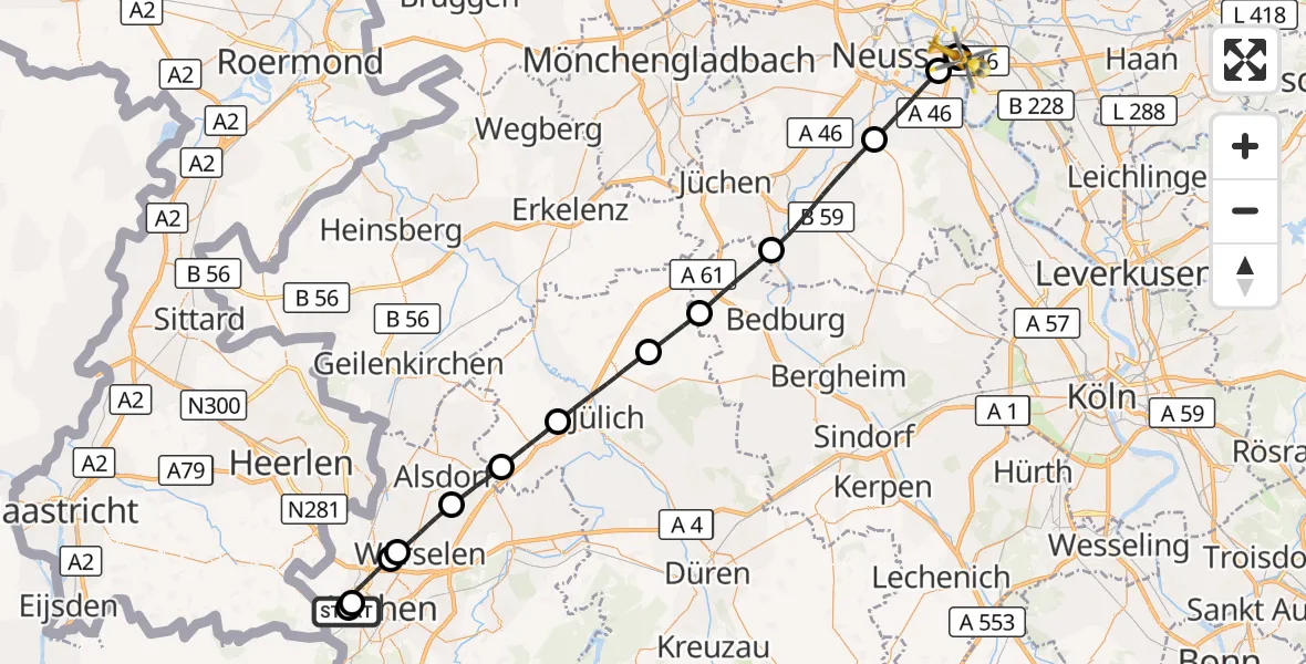 Flugroute Rettungshubschrauber Aachen Hospital - Düsseldorf University Hospital, 25 August 2026, 08:50
