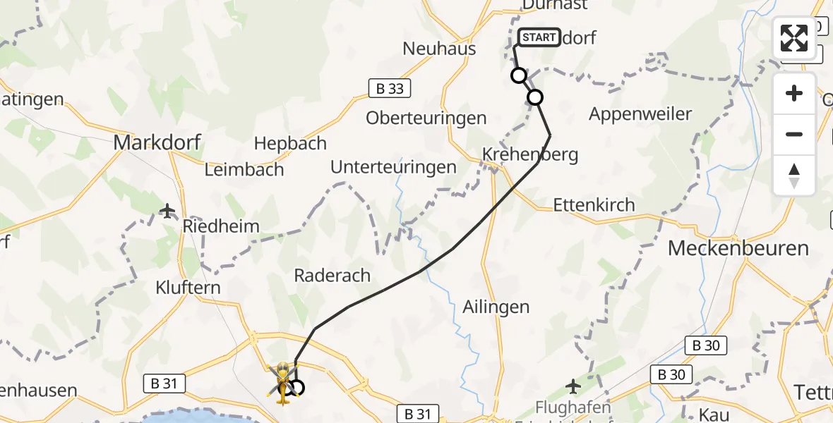 Flugroute Rettungshubschrauber Ravensburg - Friedrichshafen Hospital, 25 August 2026, 08:58