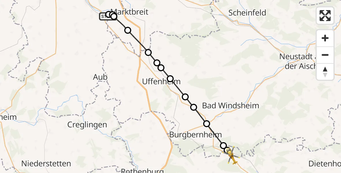 Flugroute Rettungshubschrauber Ochsenfurt Hospital - Oberdachstetten, 25 August 2026, 08:59