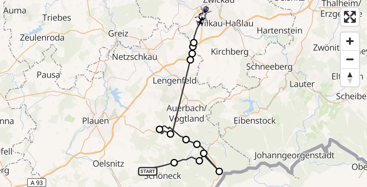Flugroute Polizeihubschrauber Schöneck/Vogtl. - Zwickau, 25 August 2026, 08:59