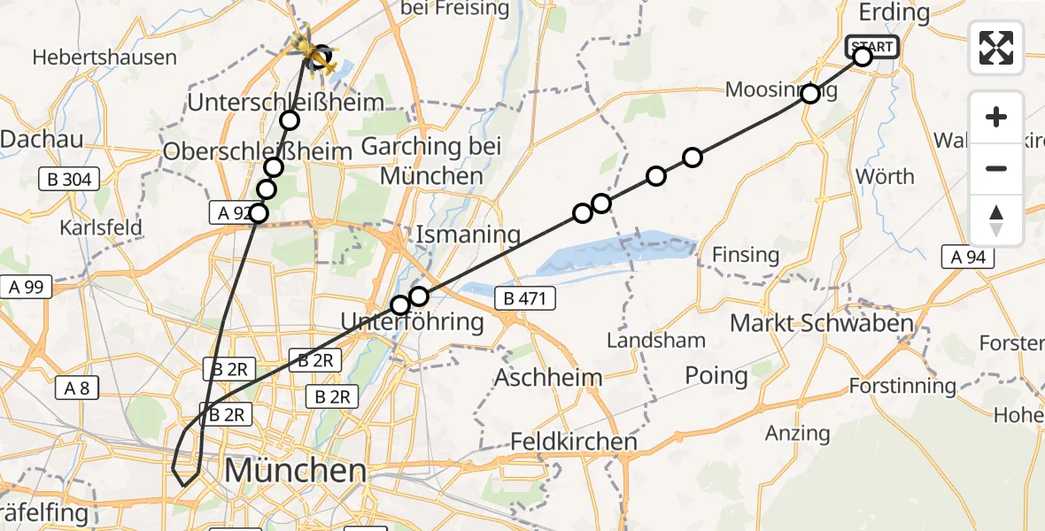 Flugroute Rettungshubschrauber Erding District Hospital - Unterschleißheim, 25 August 2026, 09:00
