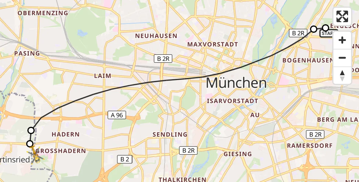 Flugroute Rettungshubschrauber München Bogenhausen Hospital - DRF Air Rescue München Hubschrauberlandeplatz, 25 August 2026, 09:03