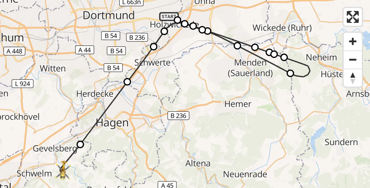 Flugroute Rettungshubschrauber Dortmund Flughafen - Ennepetal, 25 August 2026, 09:03