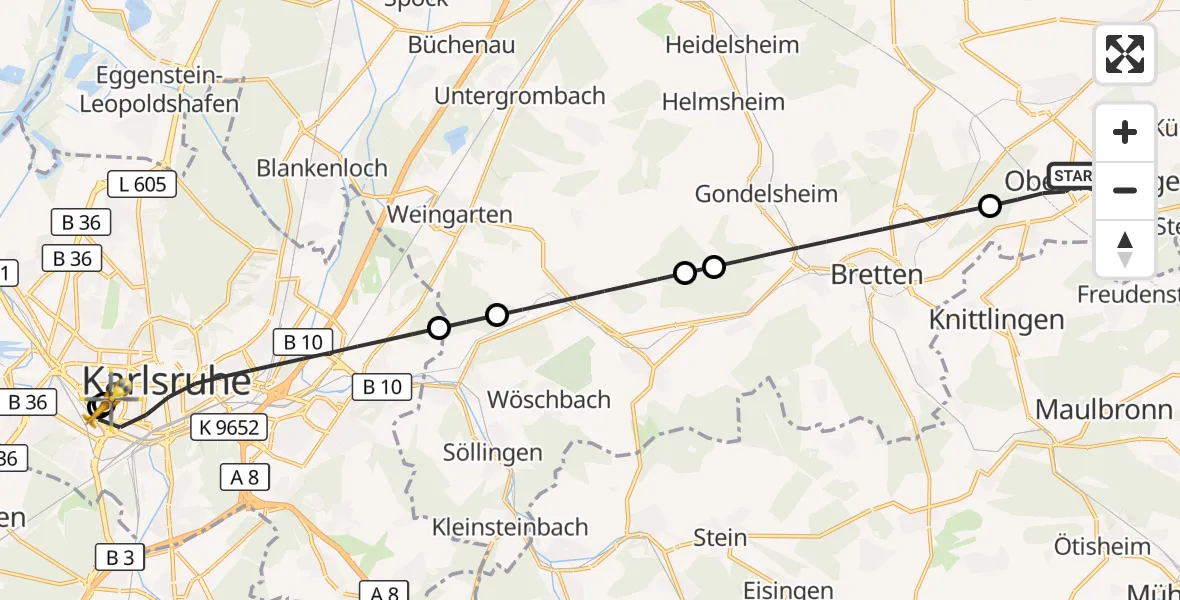 Flugroute Ambulanzhubschrauber Oberderdingen - Sankt Vincentius Hospital, 25 August 2026, 09:05
