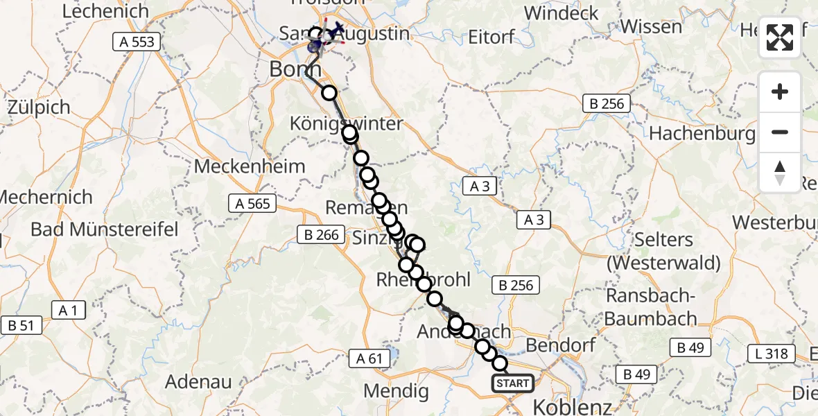 Flugroute Polizeihubschrauber Mülheim-Kärlich - Bonn-Hangelar Flugplatz, 25 August 2026, 09:06