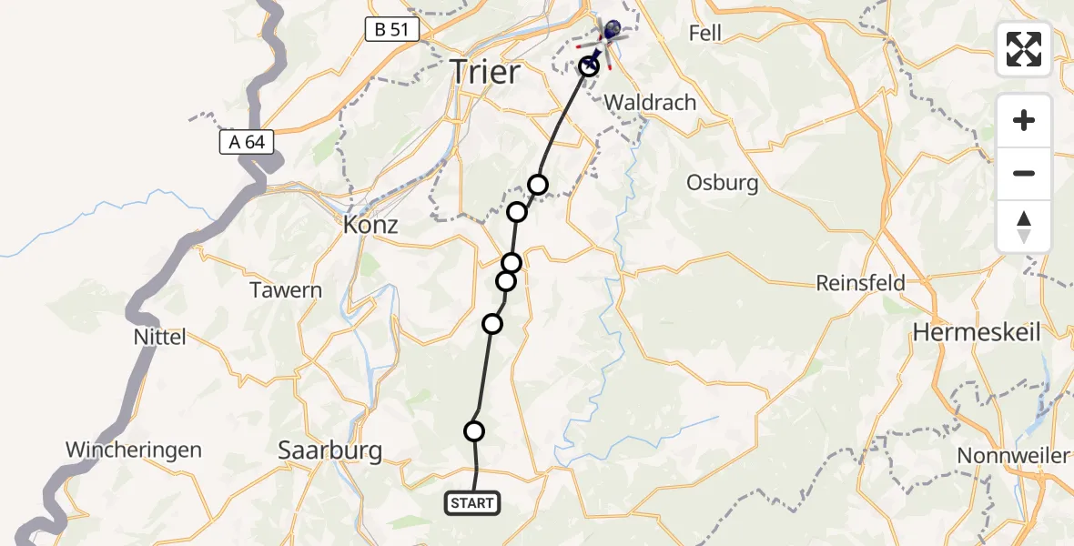 Flugroute Polizeihubschrauber Irsch - Mertesdorf, 25 August 2026, 09:07