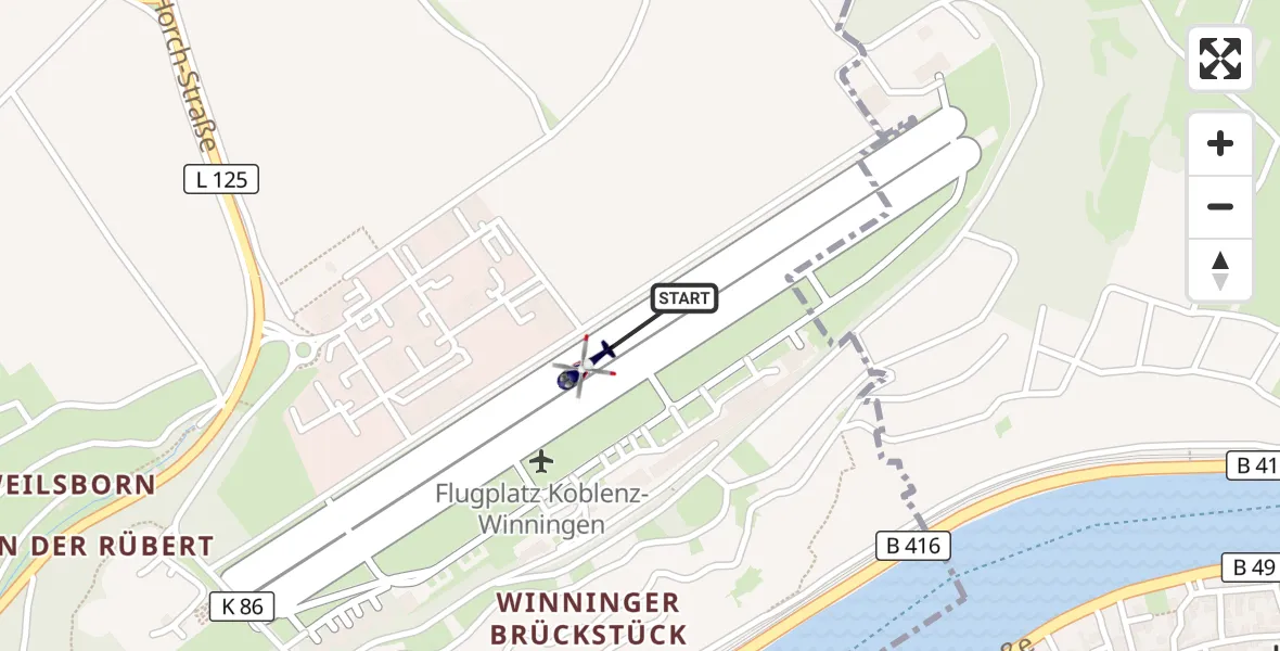 Flugroute Polizeihubschrauber Koblenz-Winningen Flugplatz - Koblenz-Winningen Flugplatz, 25 August 2026, 09:09