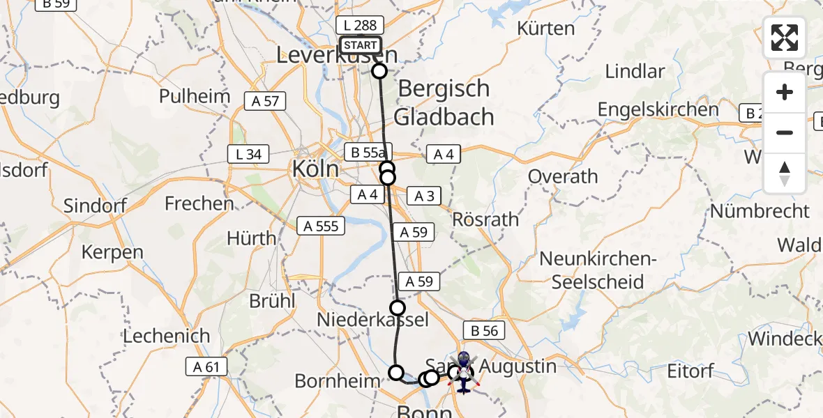 Flugroute Polizeihubschrauber Leverkusen - Sankt Augustin, 25 August 2026, 09:13