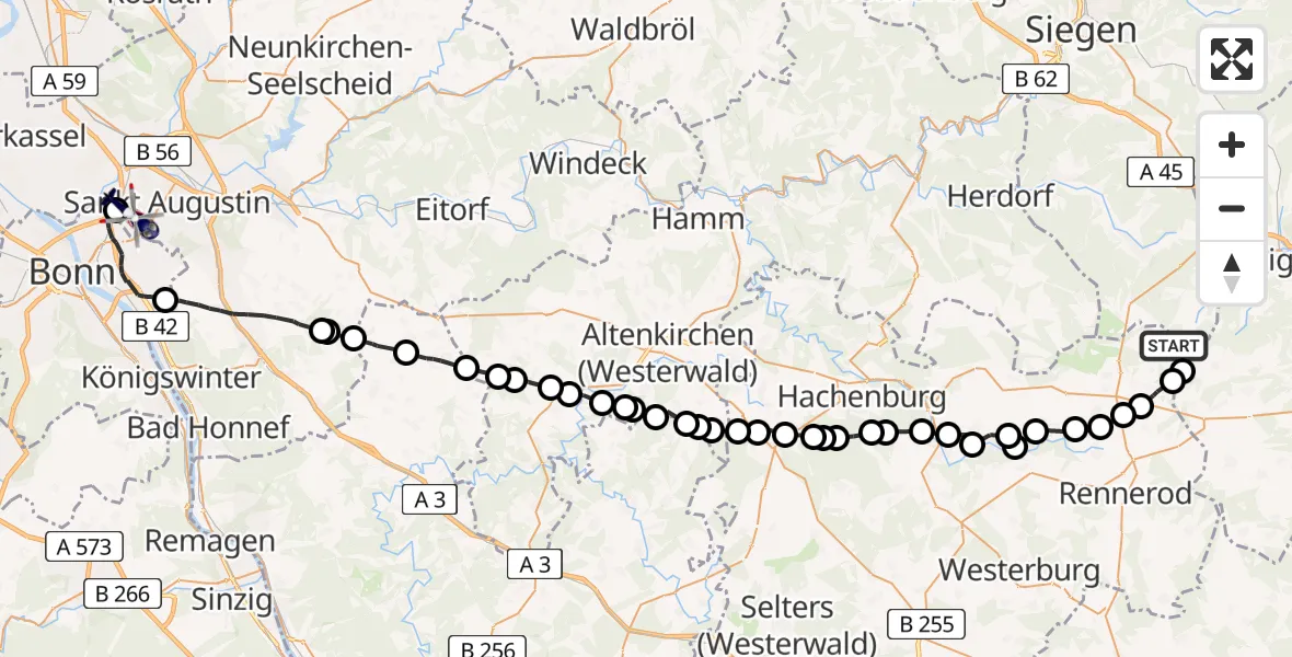 Flugroute Polizeihubschrauber Liebenscheid - Sankt Augustin, 25 August 2026, 09:28