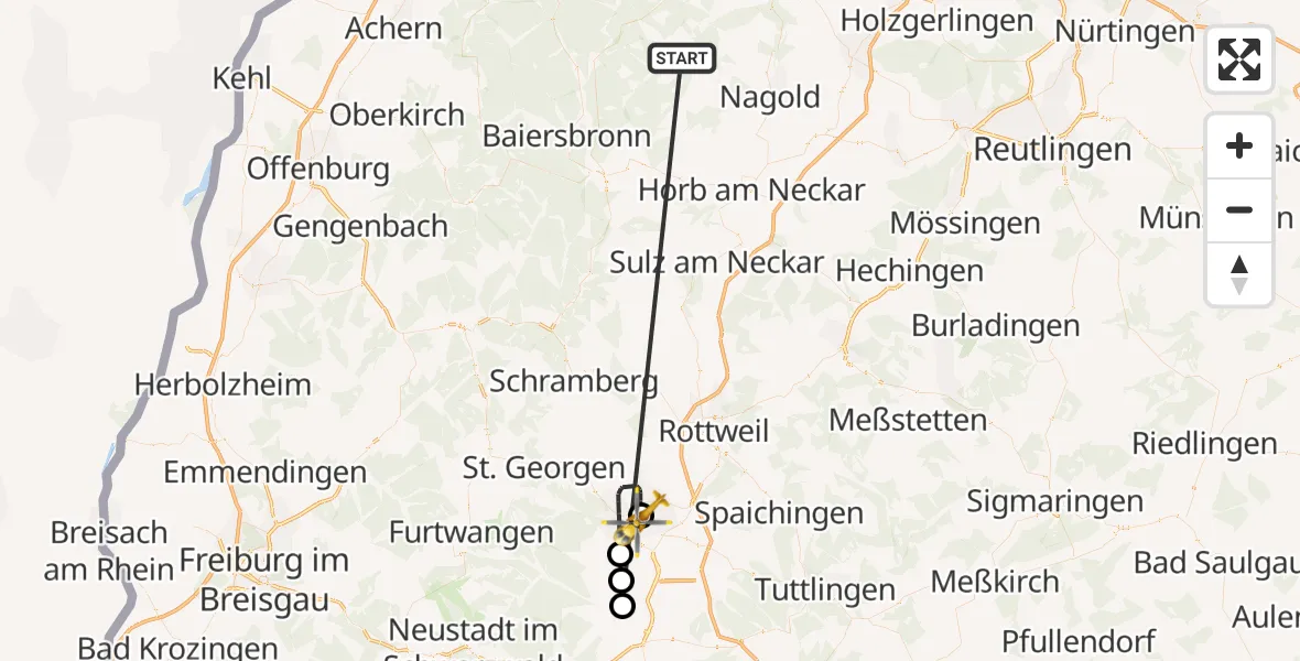 Flugroute Ambulanzhubschrauber Altensteig - DRF Air Rescue Station Villingen-Schwenningen Hubschrauberlandeplatz (Christoph 11), 25 August 2026, 09:28