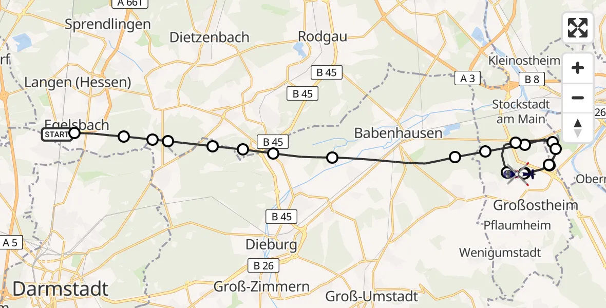 Flugroute Polizeihubschrauber Flughafen Frankfurt-Egelsbach - Flugplatz Aschaffenburg, 25 August 2026, 09:29