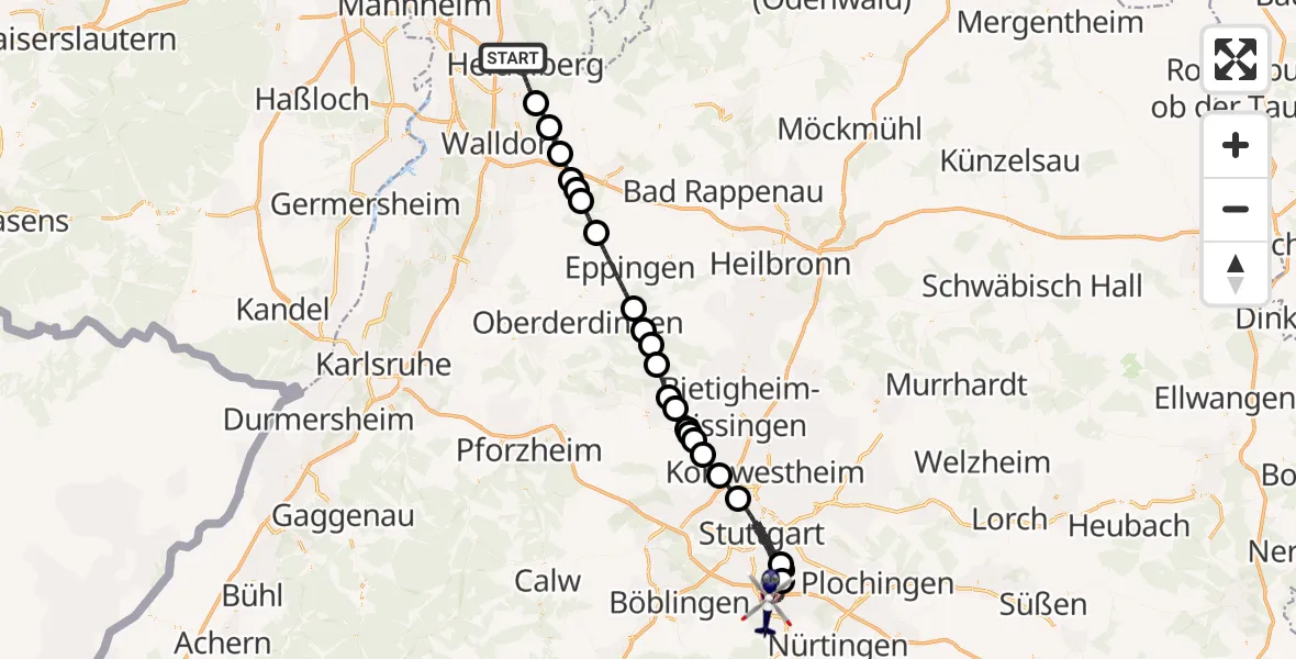 Flugroute Polizeihubschrauber Heidelberg - Flughafen Stuttgart, 25 August 2026, 09:34