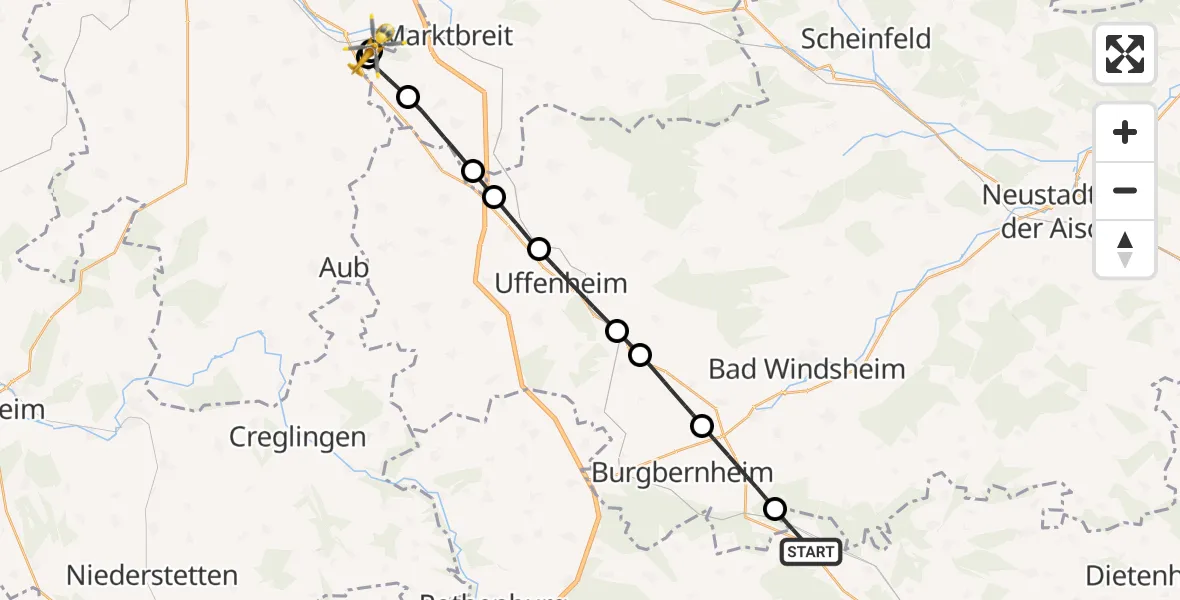 Flugroute Rettungshubschrauber Oberdachstetten - Ochsenfurt Hospital, 25 August 2026, 09:36