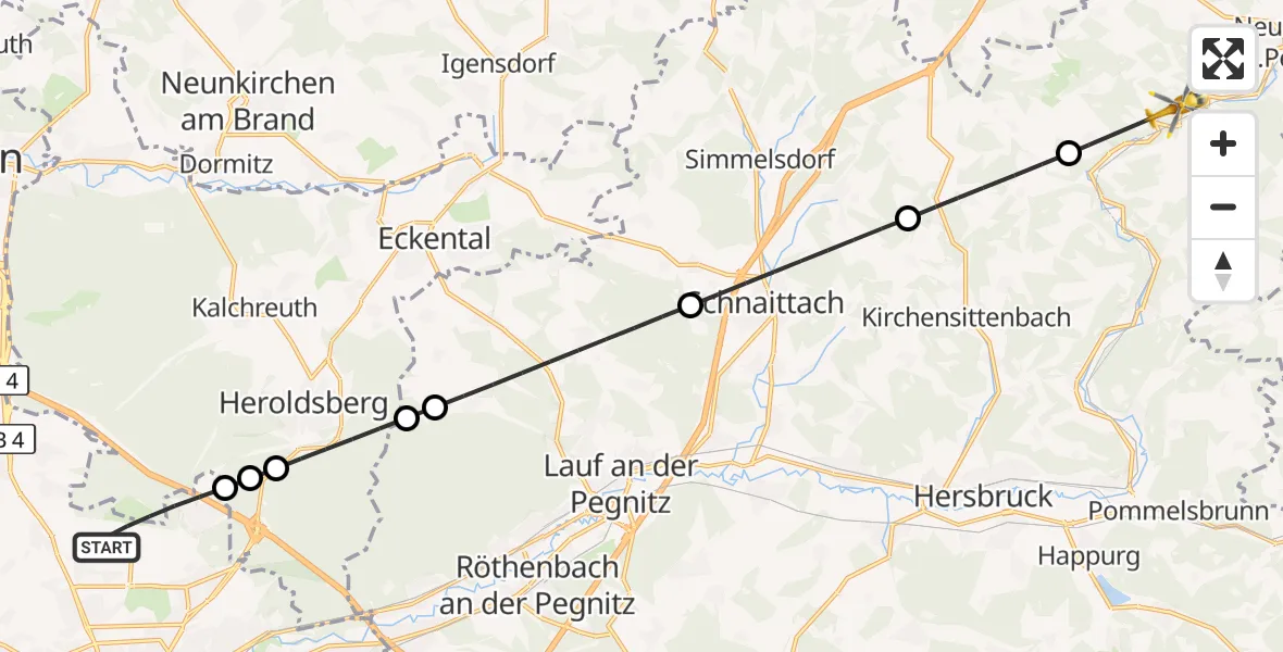 Flugroute Ambulanzhubschrauber Flughafen Nuremberg - Hartenstein, 25 August 2026, 09:38