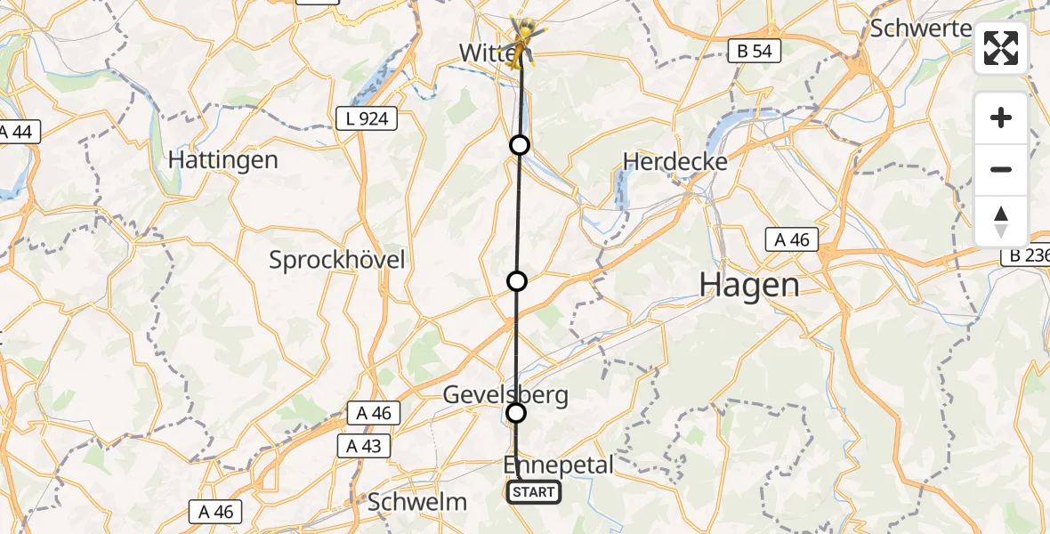 Flugroute Rettungshubschrauber Ennepetal - Witten, 25 August 2026, 09:53