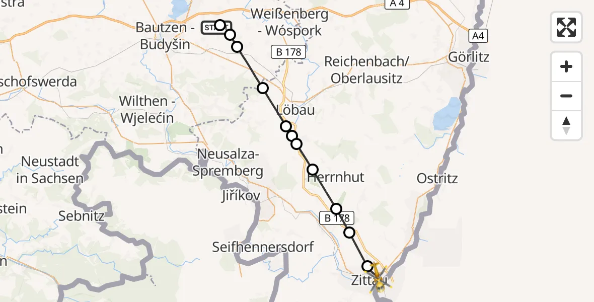Flugroute Rettungshubschrauber Bautzen Flugplatz - Zittau, 25 August 2026, 10:03