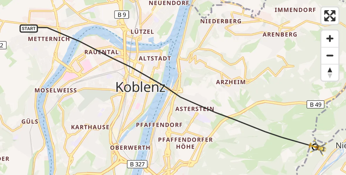 Flugroute Rettungshubschrauber Koblenz - Fachbach, 25 August 2026, 10:06