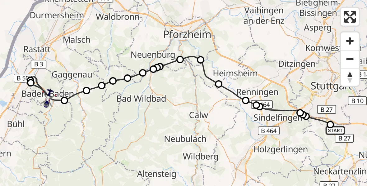 Flugroute Polizeihubschrauber Flughafen Stuttgart - Baden-Baden, 25 August 2026, 10:14