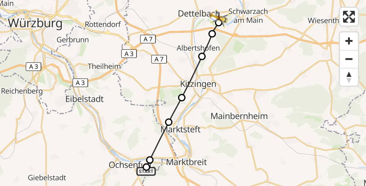 Flugroute Rettungshubschrauber Ochsenfurt Hospital - Dettelbach, 25 August 2026, 10:15