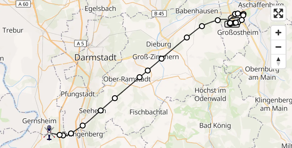 Flugroute Polizeihubschrauber Flugplatz Aschaffenburg - Gernsheim, 25 August 2026, 10:17