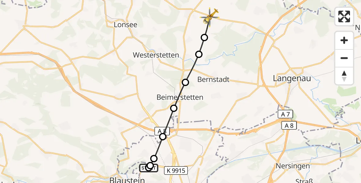 Flugroute Rettungshubschrauber Ulm Military Hospital Emergency - Neenstetten, 25 August 2026, 10:19