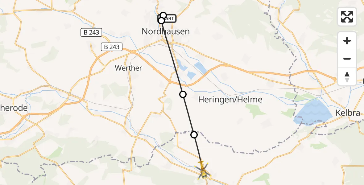 Flugroute Rettungshubschrauber Südharz Hospital Nordhausen - Sondershausen, 25 August 2026, 10:20