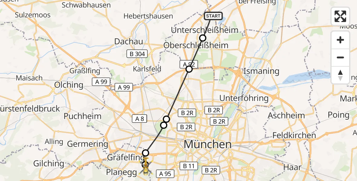 Flugroute Rettungshubschrauber Unterschleißheim - DRF Air Rescue München Hubschrauberlandeplatz, 25 August 2026, 10:26