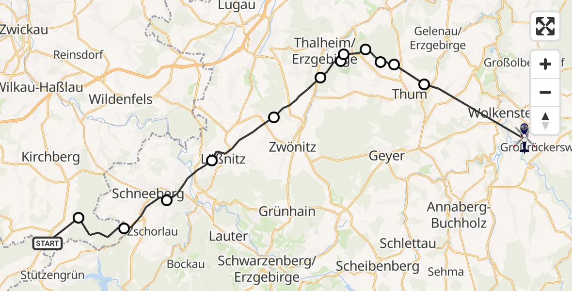 Flugroute Polizeihubschrauber Crinitzberg - Wolkenstein, 25 August 2026, 10:34