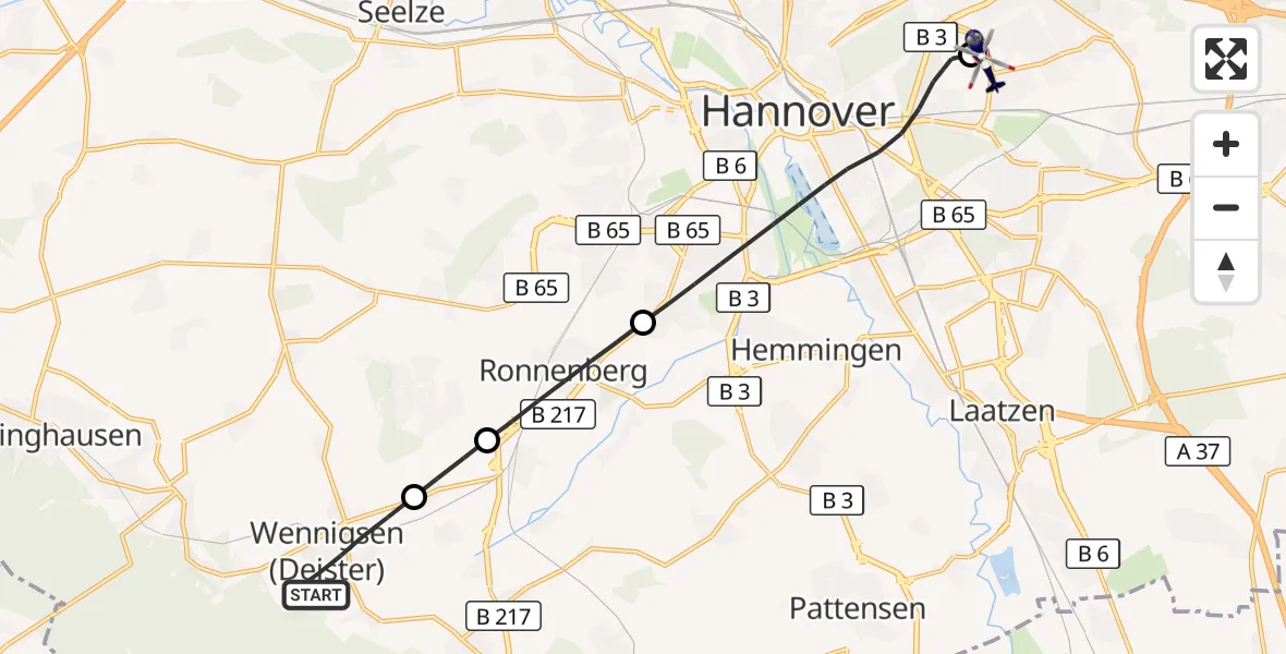 Flugroute Polizeihubschrauber Wennigsen (Deister) - Hannover Luftrettung Hubschrauberlandeplatz (Christoph 4), 25 August 2026, 10:40