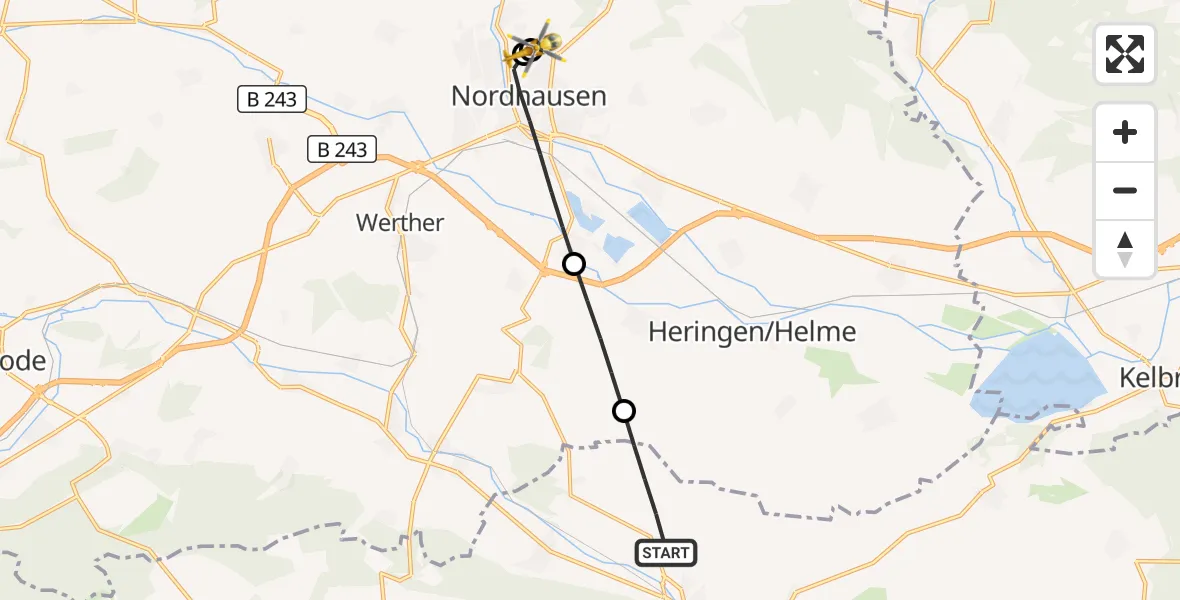 Flugroute Rettungshubschrauber Sondershausen - Südharz Hospital Nordhausen, 25 August 2026, 10:43
