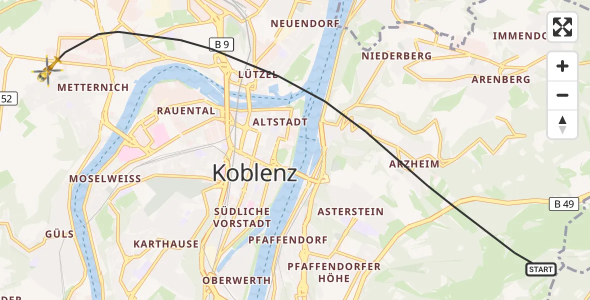 Flugroute Rettungshubschrauber Koblenz - Koblenz, 25 August 2026, 10:44
