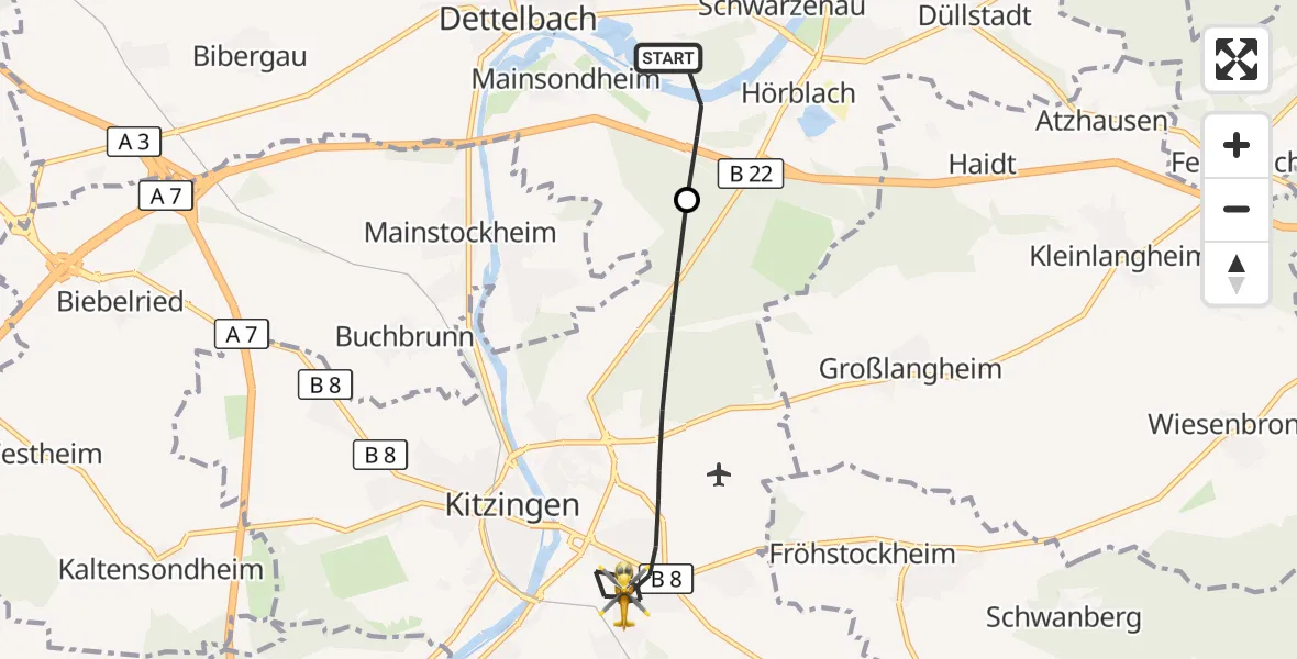 Flugroute Rettungshubschrauber Dettelbach - Kitzingen, 25 August 2026, 10:44