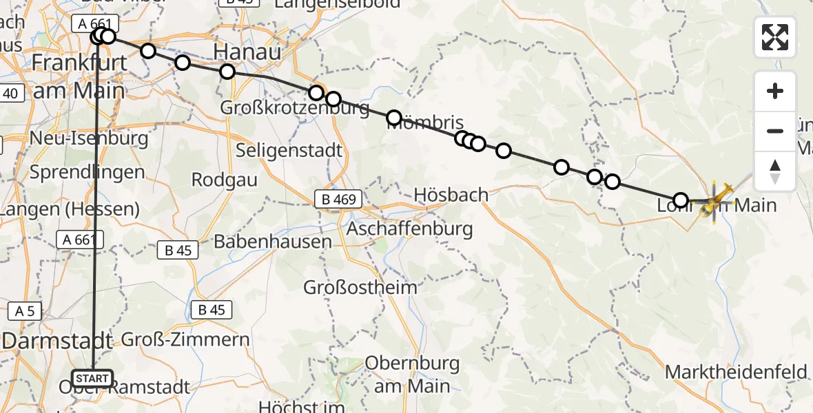 Flugroute Rettungshubschrauber Mühltal - Lohr a.Main, 25 August 2026, 10:44