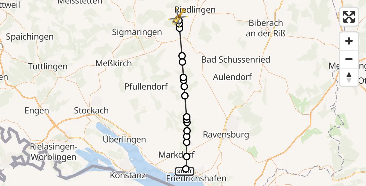 Flugroute Rettungshubschrauber Friedrichshafen Hospital - Altheim, 25 August 2026, 10:49