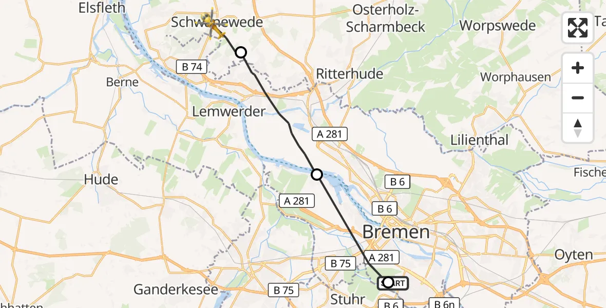 Flugroute Rettungshubschrauber Bremen - Schwanewede, 25 August 2026, 10:59