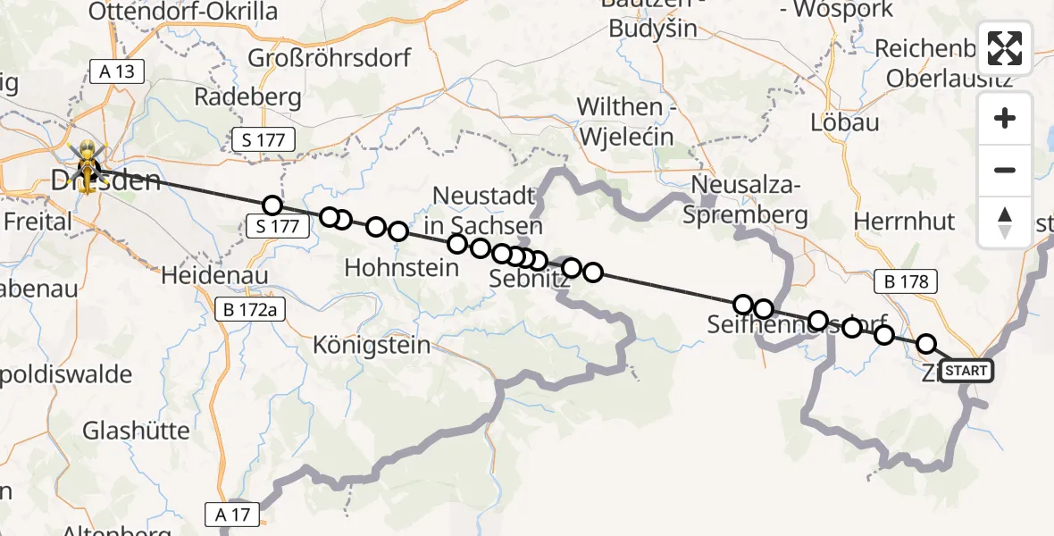 Flugroute Rettungshubschrauber Zittau - Dresden Friedrichstadt Hospital, 25 August 2026, 11:00