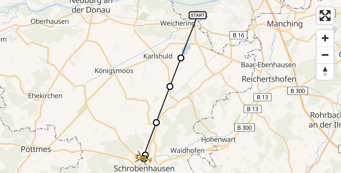 Flugroute Rettungshubschrauber Weichering - Schrobenhausen District Hospital, 25 August 2026, 11:02