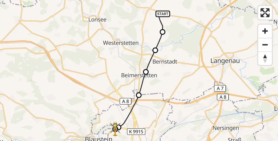 Flugroute Rettungshubschrauber Neenstetten - ADAC Air Rescue Station Ulm (Christoph 22), 25 August 2026, 11:07
