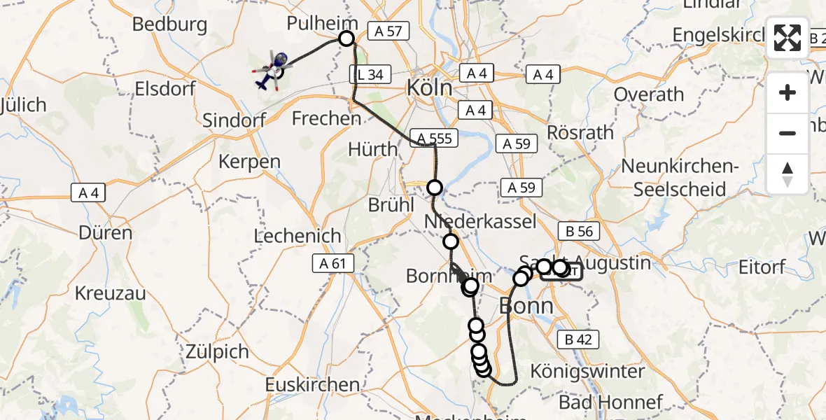 Flugroute Polizeihubschrauber Sankt Augustin - Bergheim, 25 August 2026, 11:10