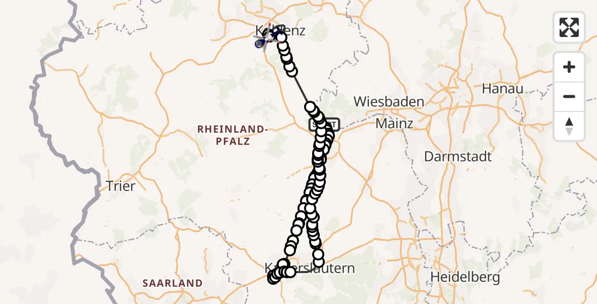 Flugroute Polizeihubschrauber Trechtingshausen - Koblenz-Winningen Flugplatz, 25 August 2026, 11:15