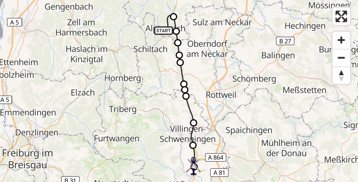 Flugroute Polizeihubschrauber Alpirsbach - Donaueschingen-Villingen Flugplatz, 25 August 2026, 11:18