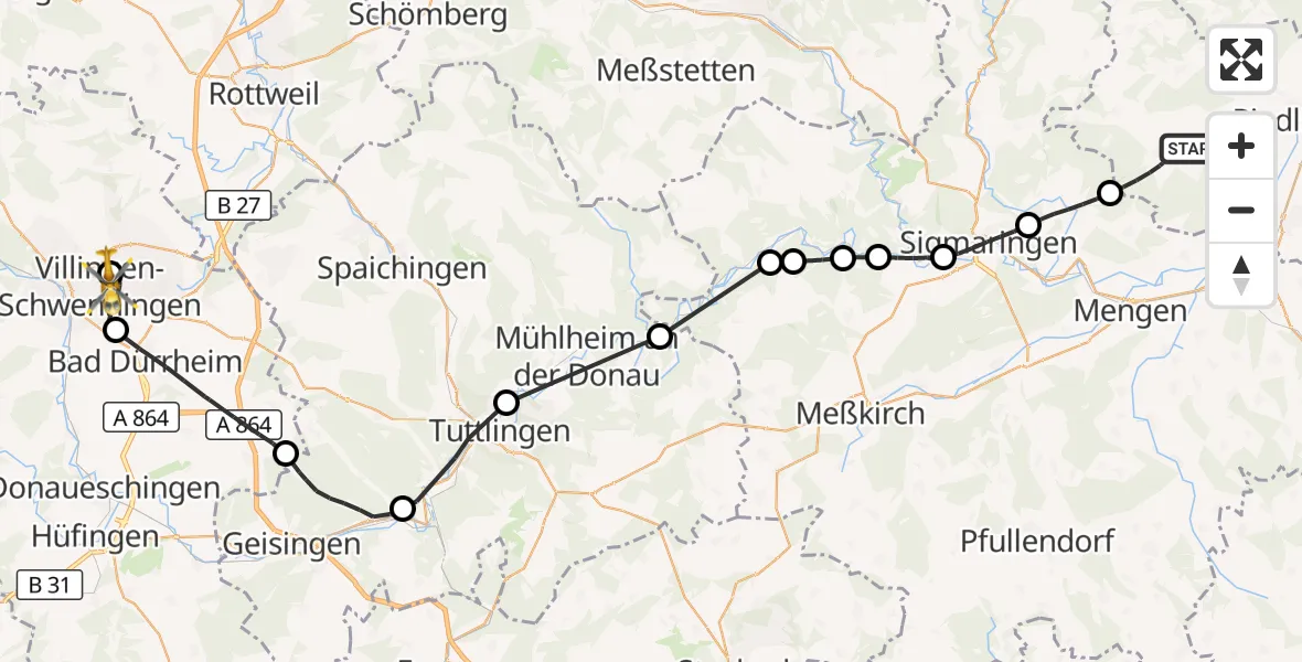 Flugroute Rettungshubschrauber Langenenslingen - DRF Air Rescue Station Villingen-Schwenningen Hubschrauberlandeplatz (Christoph 11), 25 August 2026, 11:21