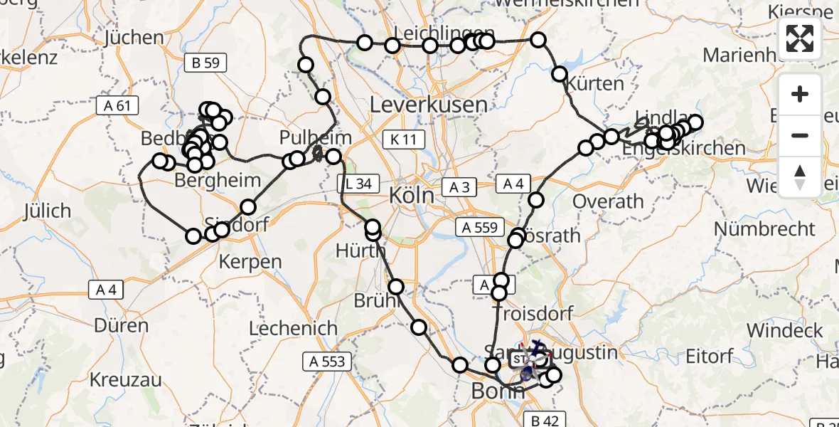 Flugroute Polizeihubschrauber Bonn-Hangelar Flugplatz - Bonn-Hangelar Flugplatz, 25 August 2026, 11:21