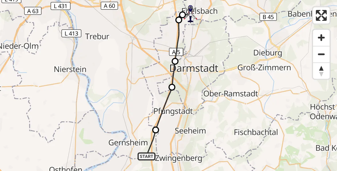 Flugroute Polizeihubschrauber Gernsheim - Flughafen Frankfurt-Egelsbach, 25 August 2026, 11:26