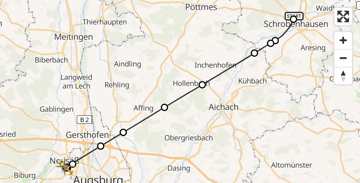 Flugroute Rettungshubschrauber Schrobenhausen District Hospital - Augsburg University Hospital, 25 August 2026, 11:29