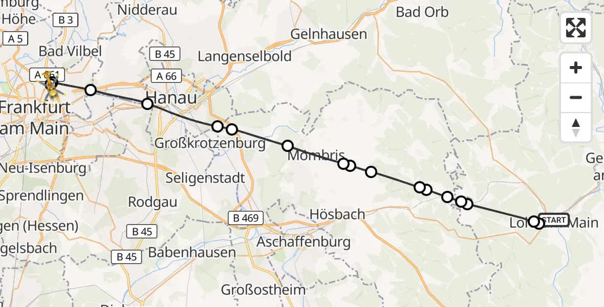 Flugroute Rettungshubschrauber Lohr a.Main - Frankfurt am Main Accident Hospital Roof Helipad (CHX2), 25 August 2026, 11:30