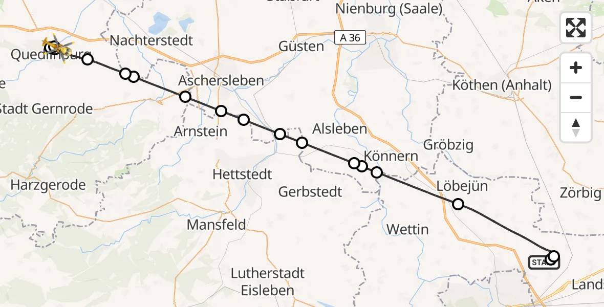 Flugroute Rettungshubschrauber Halle-Oppin Flugplatz - Harz Hospital Quedlinburg, 25 August 2026, 11:40