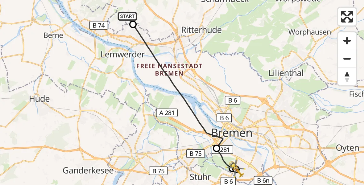 Flugroute Rettungshubschrauber Schwanewede - ADAC Air Rescue Station Bremen Hubschrauberlandeplatz (Christoph 6), 25 August 2026, 11:46